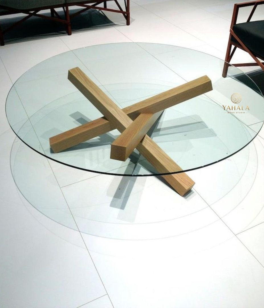 Premium Circular Shaped Tempered Glass Coffee Table with Solid Wood Base