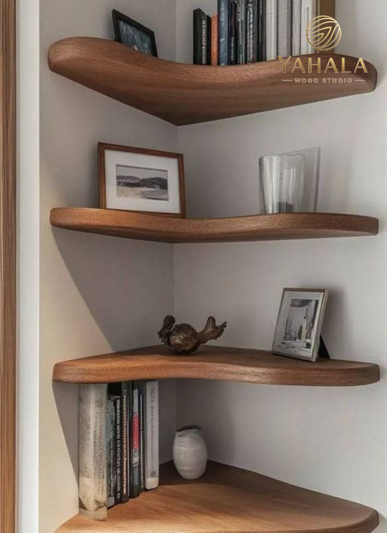 Modern Curved Corner Floating Shelves | Solid Wood Wall-Mounted Display Shelves