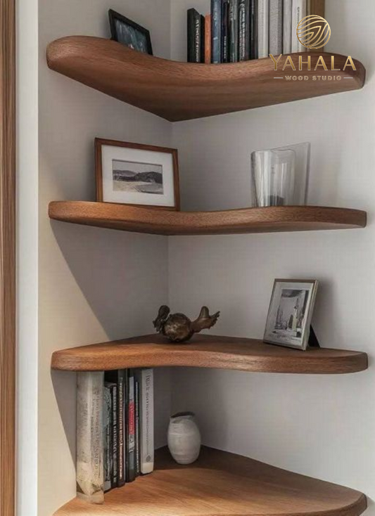 Modern Curved Corner Floating Shelves | Solid Wood Wall-Mounted Display Shelves
